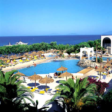 View of the pool and the Aegean Sea of Oceanis Resort Hotel. CLICK TO ENLARGE