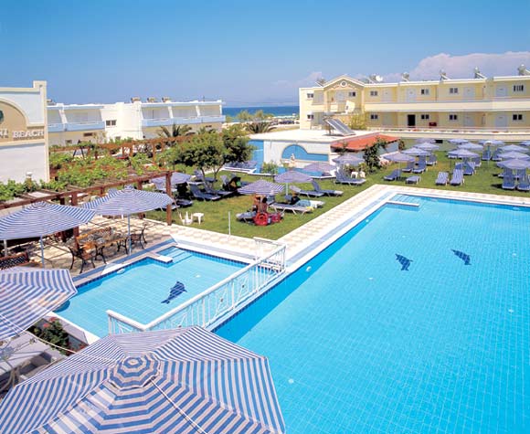 View of pool, children pool and sea, Meni Beach Hotel, Tingaki area, Kos. CLICK TO ENLARGE